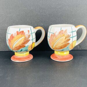 Bella Ceramica Mugs Set of 2 Large Coffee Cup Pedestal Leaf Multicolors 12oz 5"